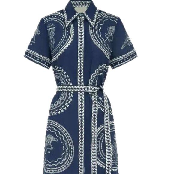 LARGE NAVY BLUE AND WHITE LARGE ICONIC GREEK CIRCLES BUTTON-DOWN MAXI DRESS - Picture 1 of 5